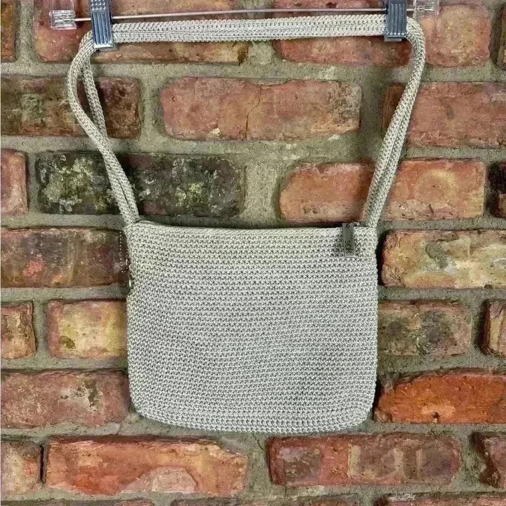 Sak Purse Bag Shoulder Body Yarn Macrame Woven Cream silver Boho Charm